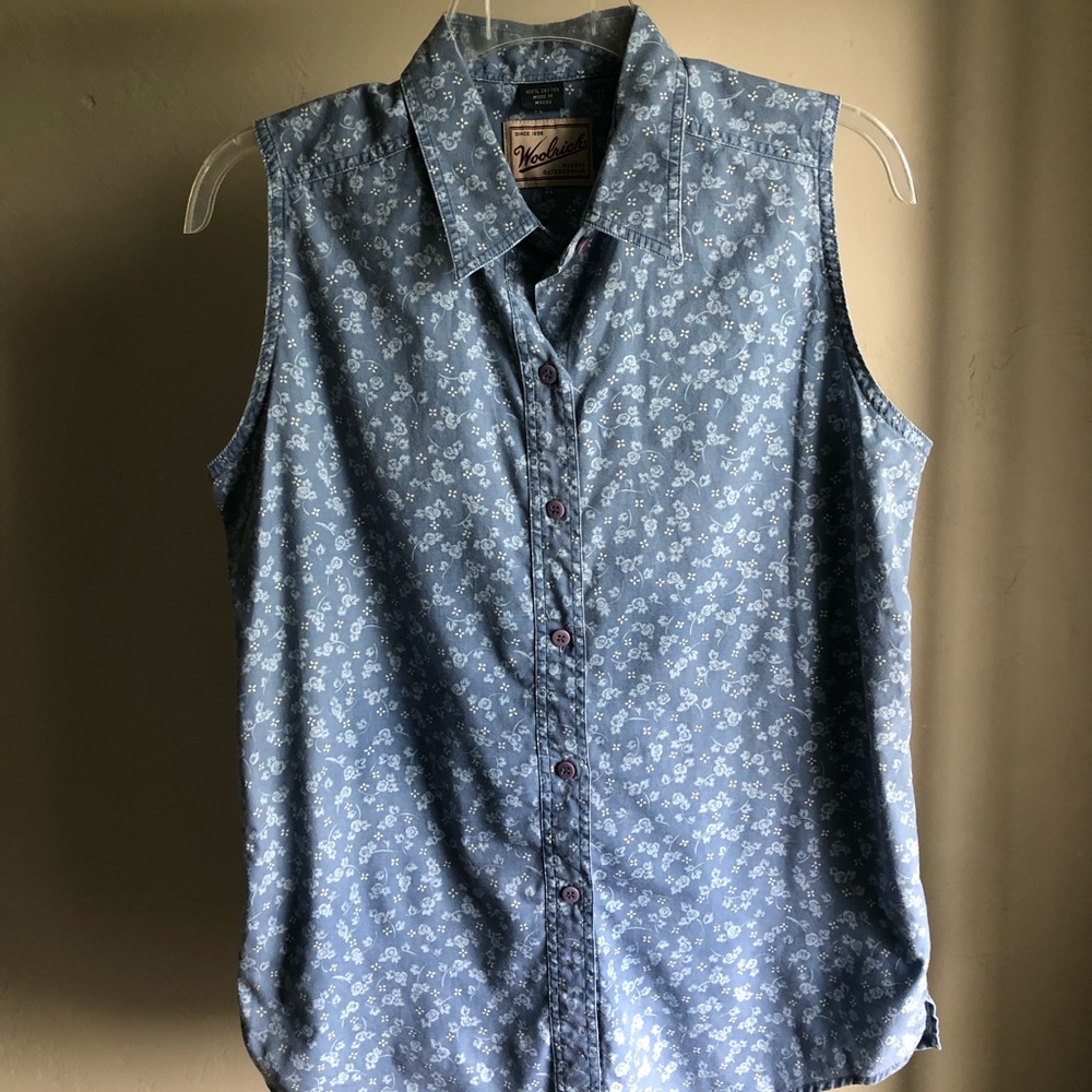 Denim floral sleeveless button up top